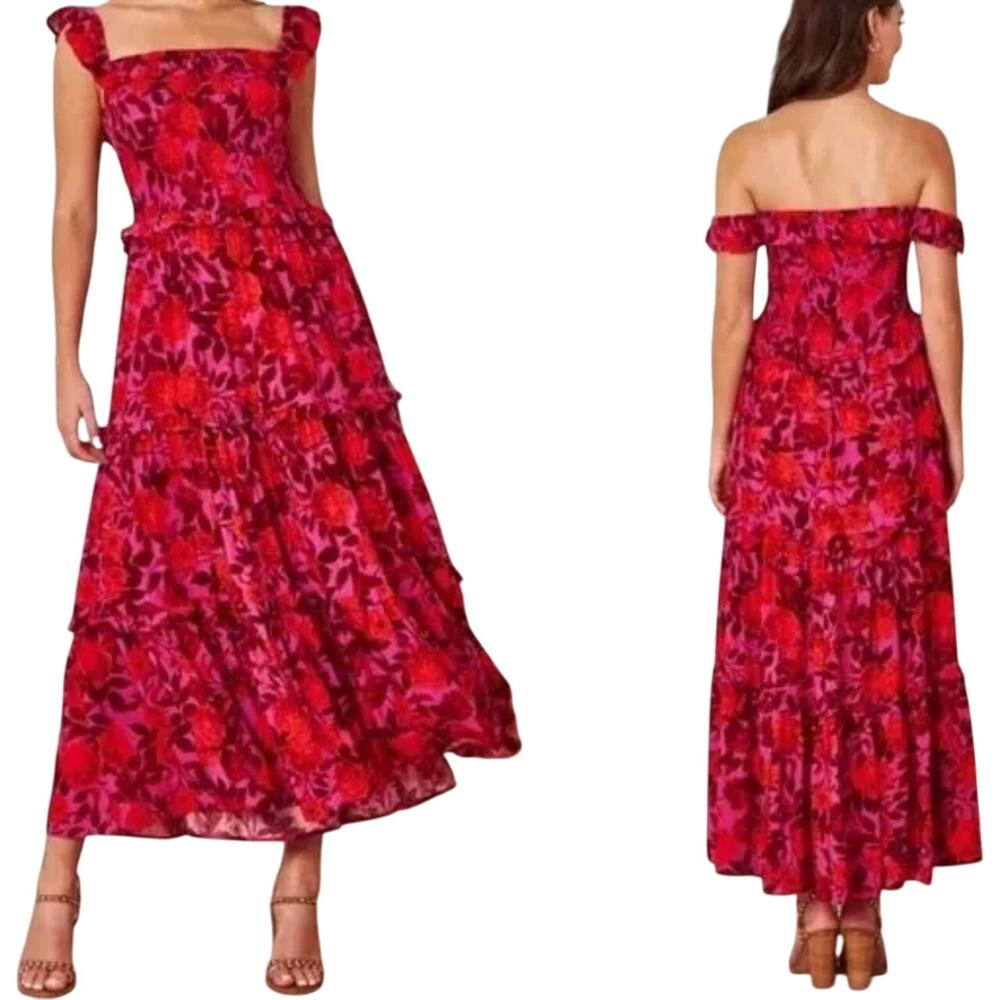Anthro Abel the Label Reign Maxi Dress Floral Smocked Tiered Red Purple S